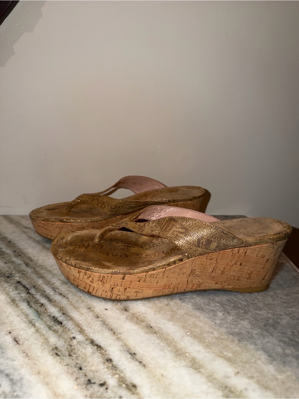 Stuart Weitzman Metallic Gold Cork Wedge Thong Sandals